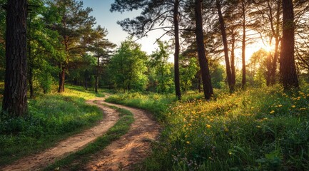 Fototapeta premium Sunlit forest path winding through wildflowers