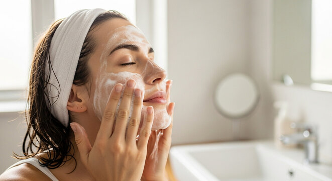 Relaxing skincare routine for radiant skin, woman cleanses face with gentle foam cleanser in bright bathroom, self-care and wellness concept for beauty ads - Powered by Adobe