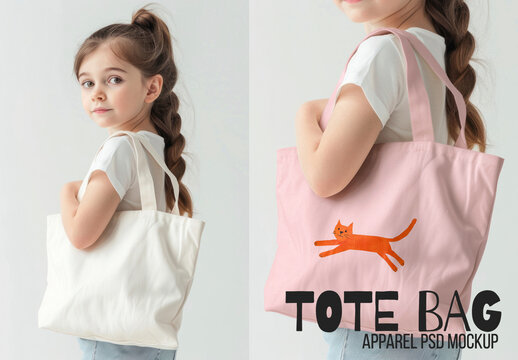 Tote Bag Mockup With Child Psd