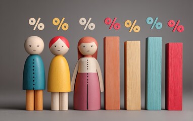 Wooden figures & colorful bar graphs; percentage signs above