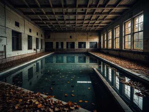Abandoned Indoor Swimming Pool: Haunting Decay, Urban Exploration, Forgotten Beauty, Atmospheric Scene, Eerie Ambiance