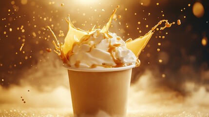 ultra realistic 4K dynamic product photo of a Caramel Macchiato in a premium paper cup, frozen motion of milk and caramel splashing around, golden light beams cutting through warm coffee steam,