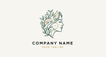 Elegant line art logo of a womans face with natural leaves for hair.