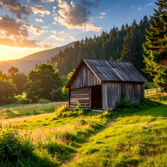 Rustic Barn Amidst Carpathian Mountains at Sunset.