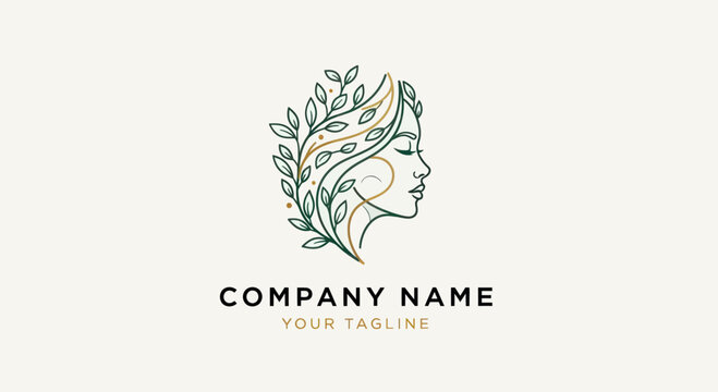 Elegant line art logo of a womans face with natural leaves for hair.