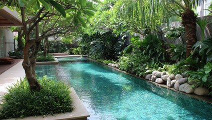 Lush tropical garden surrounding a swimming pool