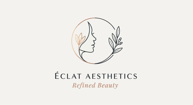 Elegant line art logo of a womans profile with a leafy branch for a beauty brand.