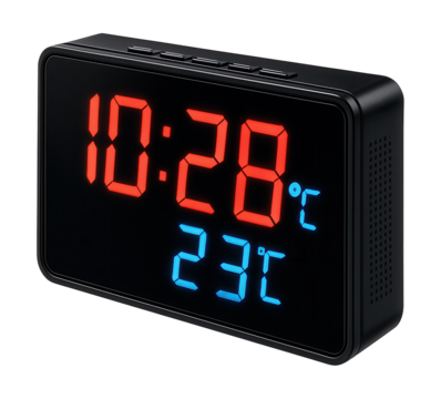 Digital LED wall clock shows time and temperature, perfect for modern kitchens.