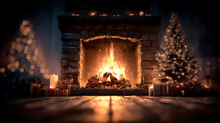 3D screensaver scene of a cozy fireplace with a glowing Christmas tree, flickering firelight reflecting on ornaments and presents, warm ambient glow, cinematic depth and realism, isolated on white bac