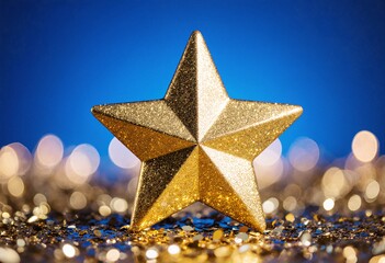 A golden star resting among shiny metallic confetti, symbol of success, victory, and triumph