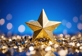 A golden star resting among shiny metallic confetti, symbol of success, victory, and triumph