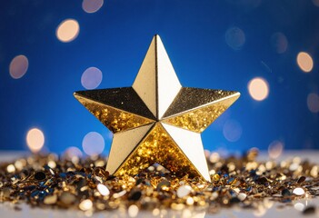 A golden star resting among shiny metallic confetti, symbol of success, victory, and triumph