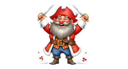 A cheerful cartoon gnome dressed as a pirate, wearing a red hat and coat, holding two swords, isolated on transparent background