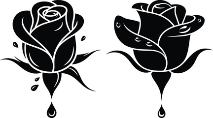 Black Rose Tattoo Design, Gothic Floral Vector Illustration.