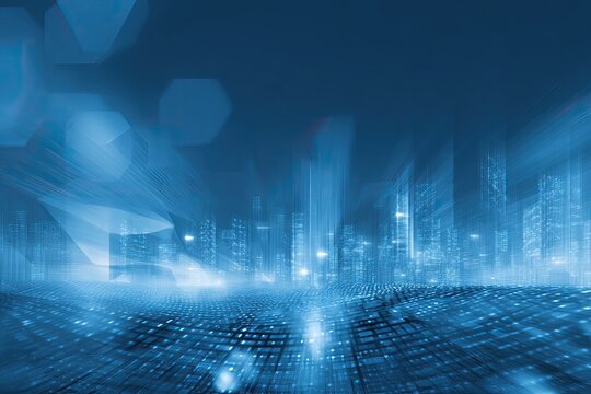 Abstract blue cityscape with grid, lights, and blurred effects, creating a futuristic feel