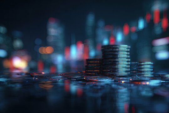 Stacks of coins sit before a city at night. Stock market graphs appear blurred in the background