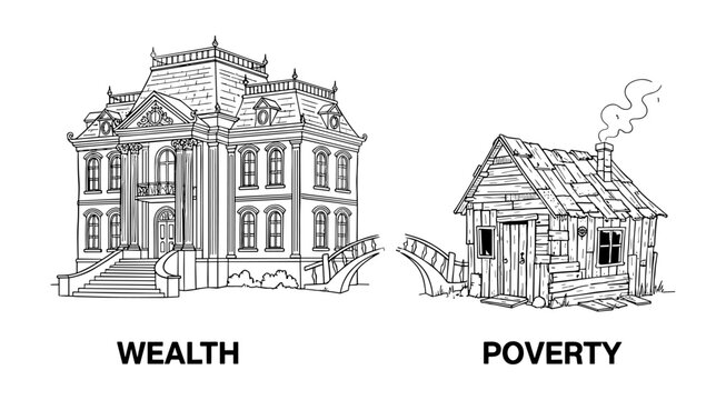 Wealthy mansion and poor shack in line art style in black and white colors