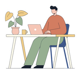 Fototapeta premium Man working at desk in minimalist flat illustration in pastel colors