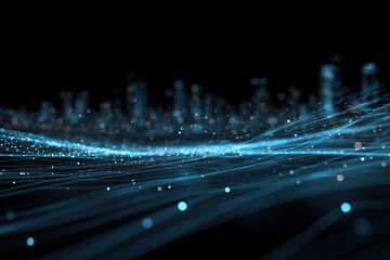 Abstract digital representation of a city skyline with flowing data streams in blue light