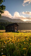 Rustic Barn Amidst Golden Field at Sunset.
