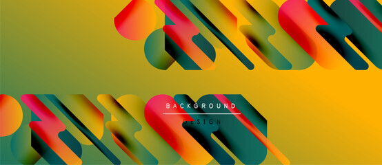 Abstract geometric shapes overlap, creating dynamic visual texture. Yellow background complements vibrant red, green, black elements. Modern design.