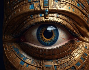 Close-up of a detailed golden mechanical eye with blue iris