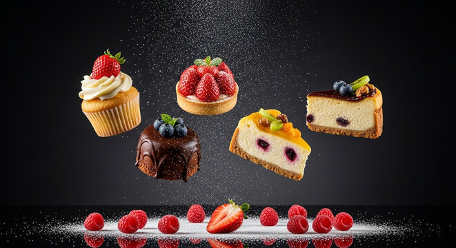 Indulge in delicious desserts cupcakes, tart, and cheesecake for a sweet treat celebration, perfect for bakery promotions and dessert menus