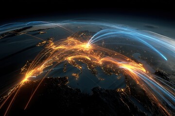 Global Network Connections Over Europe with Vibrant Light Trails at Night