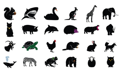 Naklejka premium Collection of diverse animal silhouettes including mammals birds and reptiles in a clean modern graphic design silhouette