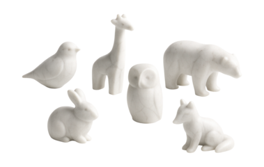 Minimalist white marble animal figurines for a sleek hallway console display.