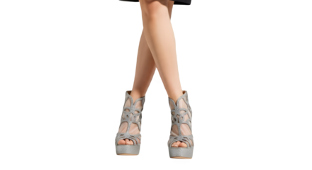 Elegant woman's crossed legs in stylish silver high-platform sandals isolated on white background