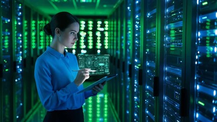 It engineer using tablet in server room for data analysis and management - Powered by Adobe