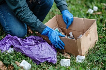 Person Wearing Blue Gloves Collecting Trash with Cardboard Box Outdoors
