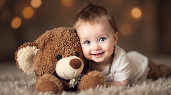 Adorable newborn baby boy with big blue eyes cuddles fluffy brown teddy bear on soft rug. Joyful, heartwarming portrait with bokeh lights, perfect for baby announcements, nursery decor & greeting card - Powered by Adobe
