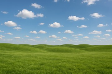 Obraz premium Rolling green grassy hills under blue sky with fluffy white clouds in a peaceful natural landscape concept for calmness and outdoor beauty scene. Ai generative