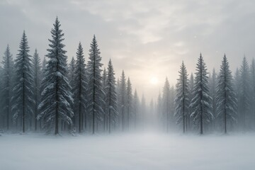 Snow-covered pine forest landscape with mist and soft sunlight creating a serene and peaceful winter concept atmosphere in the wilderness. Ai generative
