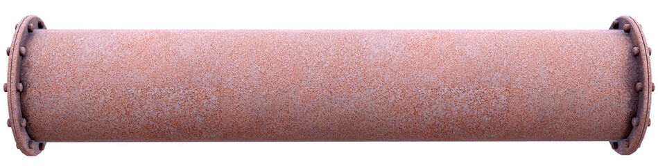 fully rusted metal pipe with heavy texture and bolted central coupling, 3d render.