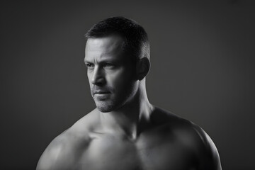 Fototapeta premium Focused Intensity: A portrait of a man with a determined gaze, embodying strength and resolve in a moment of introspection.