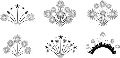 Fireworks silhouette, celebration design, vector illustration, festive burst, black and white, city skyline, CAD drawing, flat style, graphic art, holiday theme