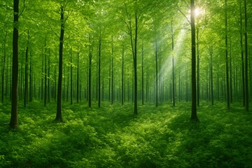 Fototapeta premium Serene green forest landscape with sunlight filtering through tall trees, creating a peaceful and tranquil nature concept scene in summer morning light. Ai generative