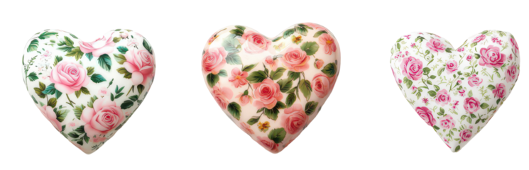 Floral Hearts: Three intricately decorated heart-shaped objects with delicate floral patterns exude a sense of love, affection, and beauty.