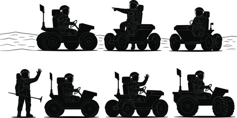 Lunar rover silhouettes, astronaut interaction, moon surface activity, black and white design, space exploration, mission gear, vehicle control, cosmic scene