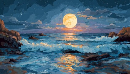 Night seascape with full moon and sunrise