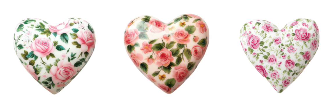 Floral Hearts: Three intricately decorated heart-shaped objects with delicate floral patterns exude a sense of love, affection, and beauty.