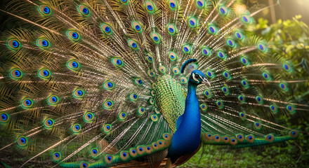 Fototapeta premium Beautiful peacock displaying vibrant feathers in natural sunlight