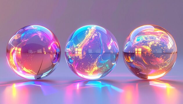 Abstract Spheres Reflecting Vibrant Neon Lights and Colors, Futuristic Digital Art - Powered by Adobe
