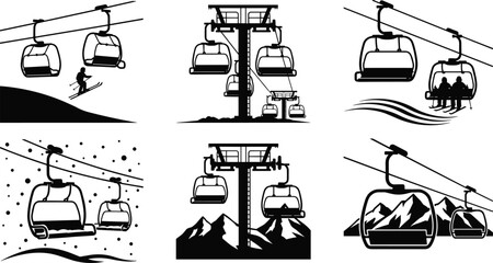 Ski lift gondola illustrations, black and white mountain vector art, winter sports scenes, alpine cable cars, snowy resort transportation © MstLovely