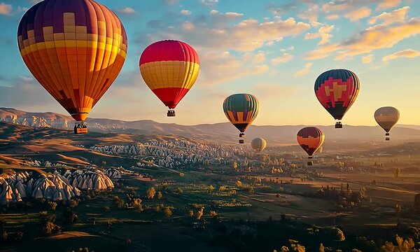 Aerial cinematic footage of colorful hot air balloons during sunrise,generative ai