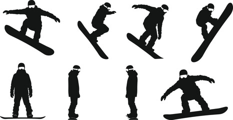 Snowboarder silhouettes, winter sport poses, helmet safety, black and white design, action stances, dynamic movement, snowboarding art, graphic illustration