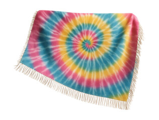 Fringed throw blanket with a colorful tie-dye design, perfect for a bohemian bedroom.